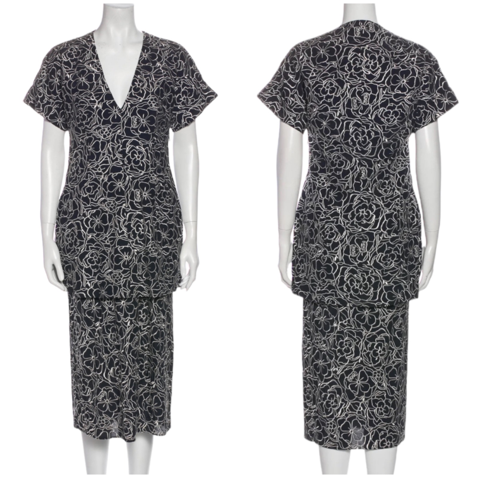 Dyvna Nwt V-Neck Tunic Floral Printed Midi Dress Size M Black White Embroidered